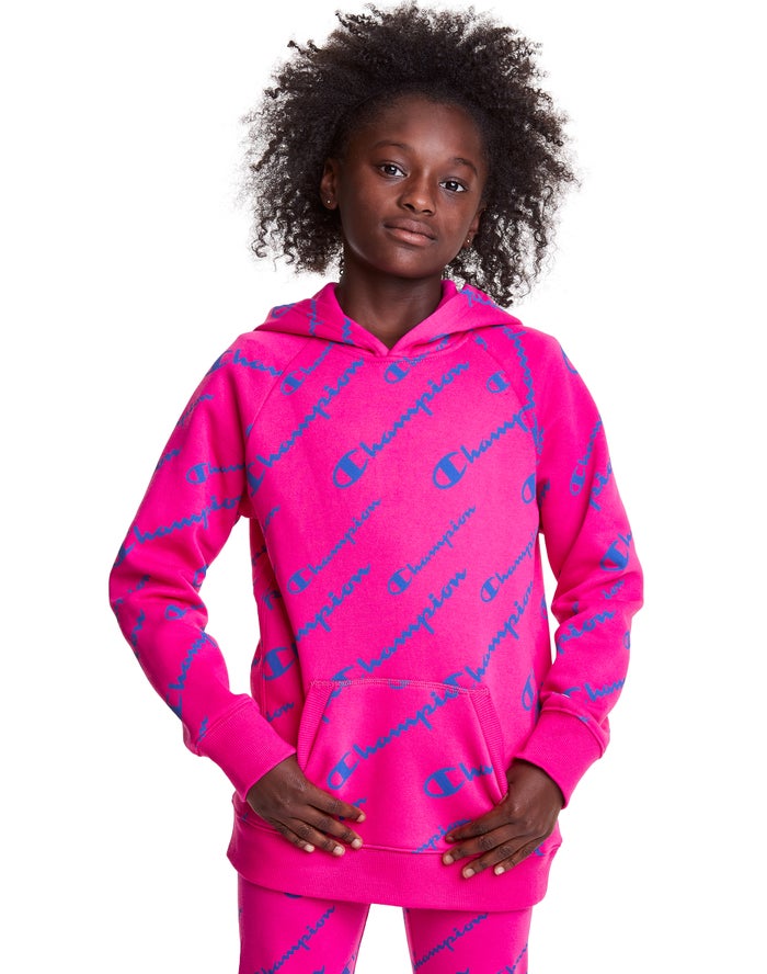 Champion Fleece Raglan Allover Logo Hoodie Meisjes - Roze - Belgie 6520IROLF